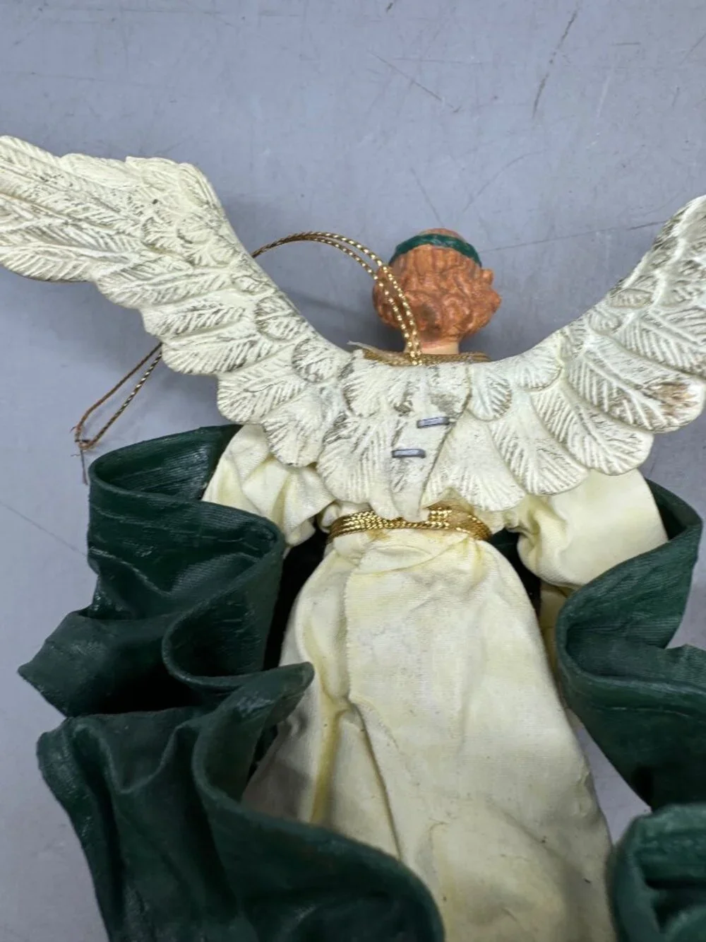 Vintage Angel Christmas Tree Ornament Set Of 2 With Green Gown Gold Accents READ